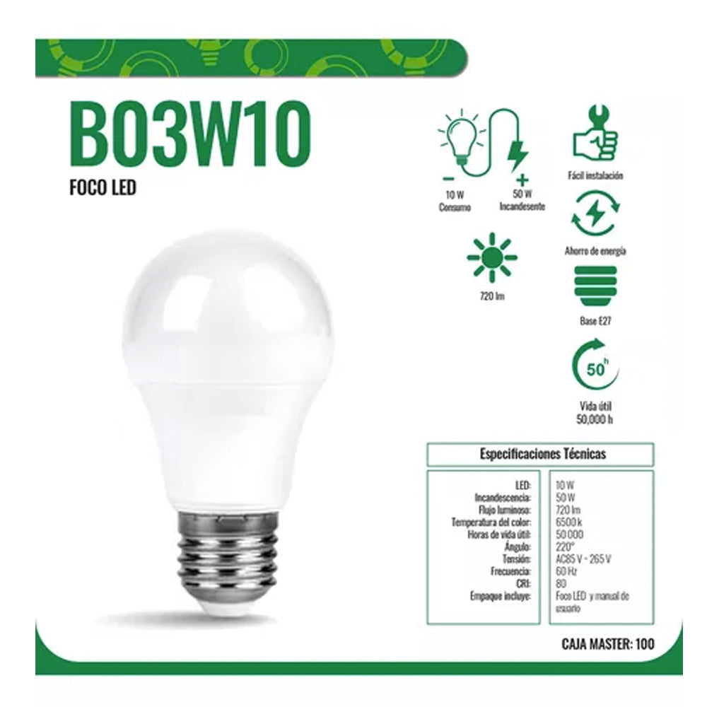 Foco Led 10 Watts Base E27 720lm Luz Fría