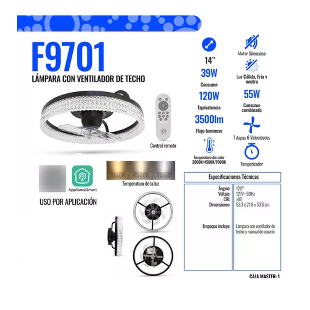 Ventilador de Techo 14 Pulgadas Luz Cálida-Fría-Neutral Silencioso 6 Velocidades