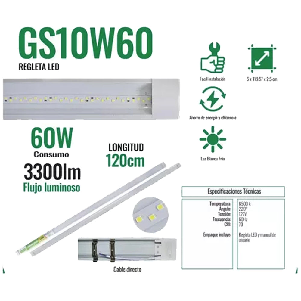 Lámpara de Techo Tipo Regleta 60 Watts 120 Cm