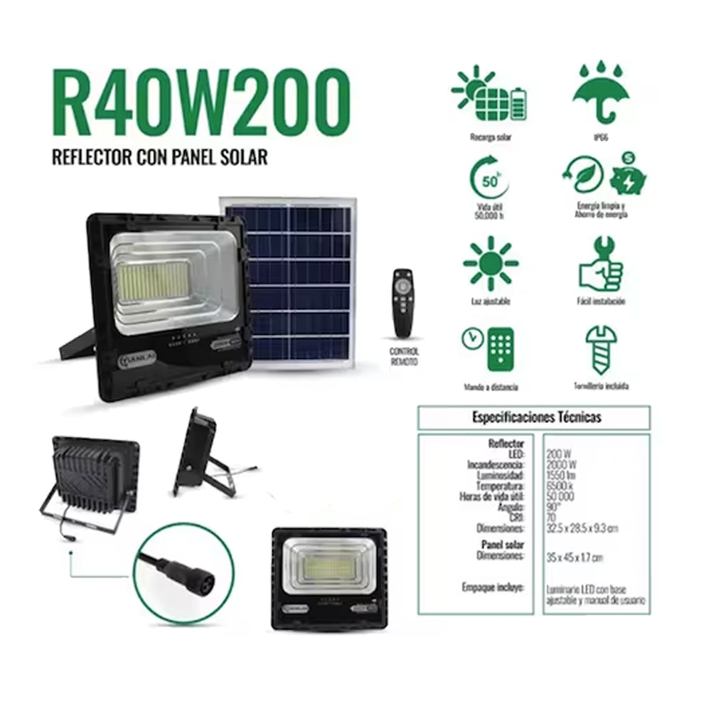 Reflector con Panel Solar 200 Watts Con Control Remoto IP66