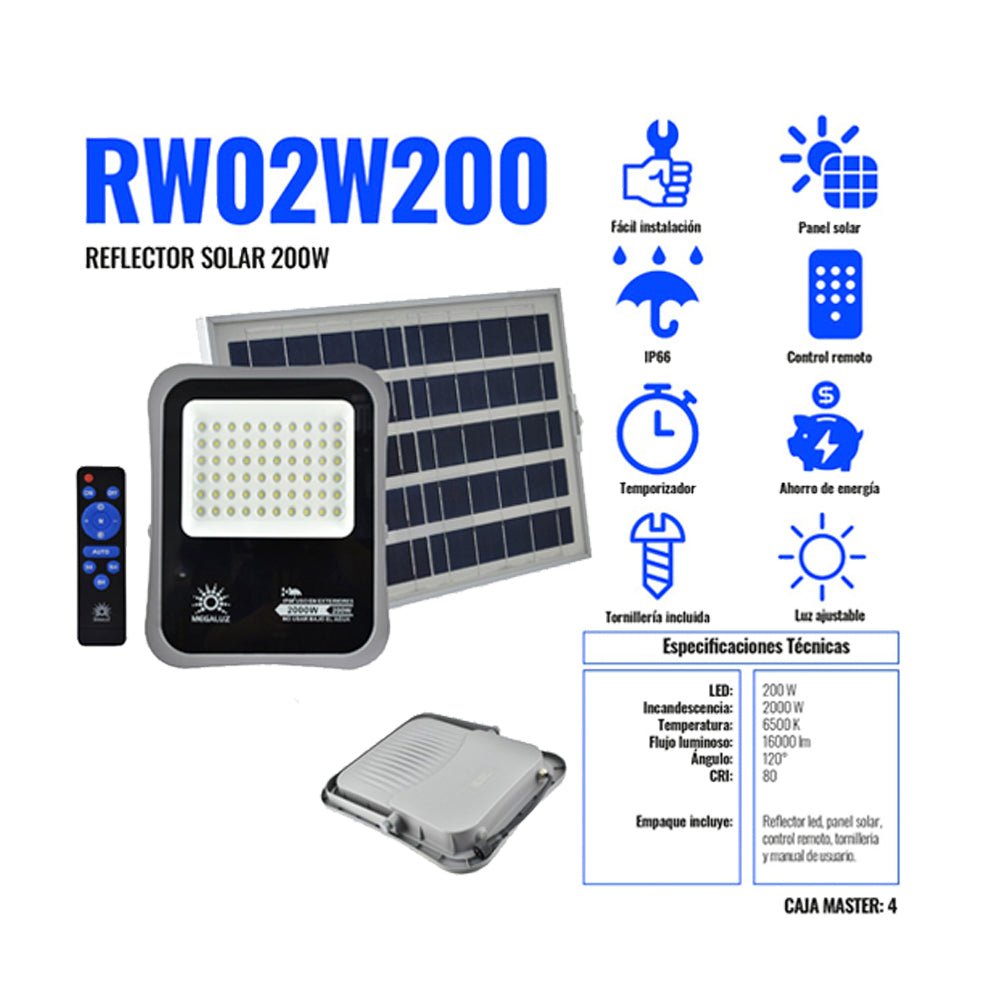 Reflector Led Solar 200 Watts Luz Fría IP66